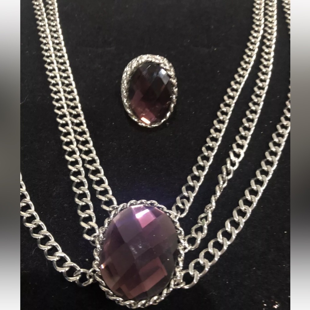 PJM Large faux Amethyst Multi strand Necklace & Ring 8 stainless steel